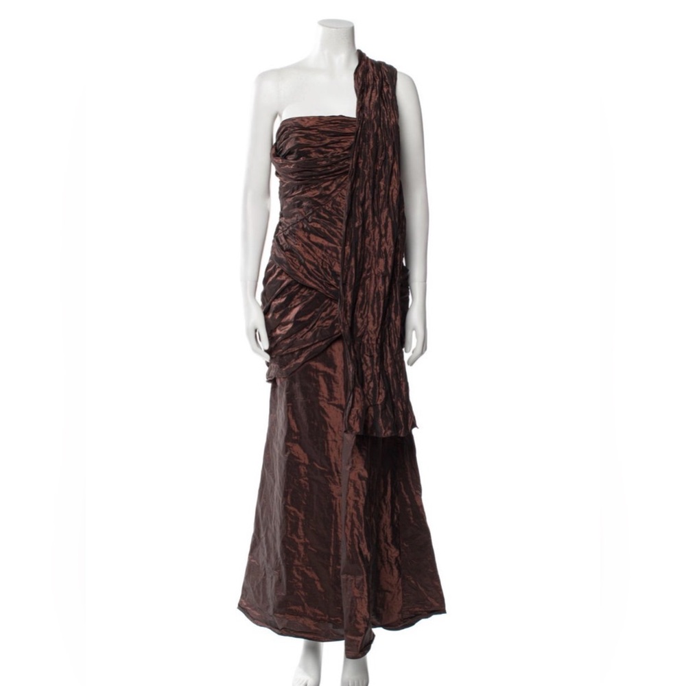 CARMEN MARC VALVO Dress Gown Size 8 Maxi Brown Metallic Strapless GUC